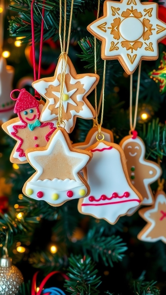 Festive cookie ornaments hanging from a Christmas tree, decorated with icing and sprinkles.